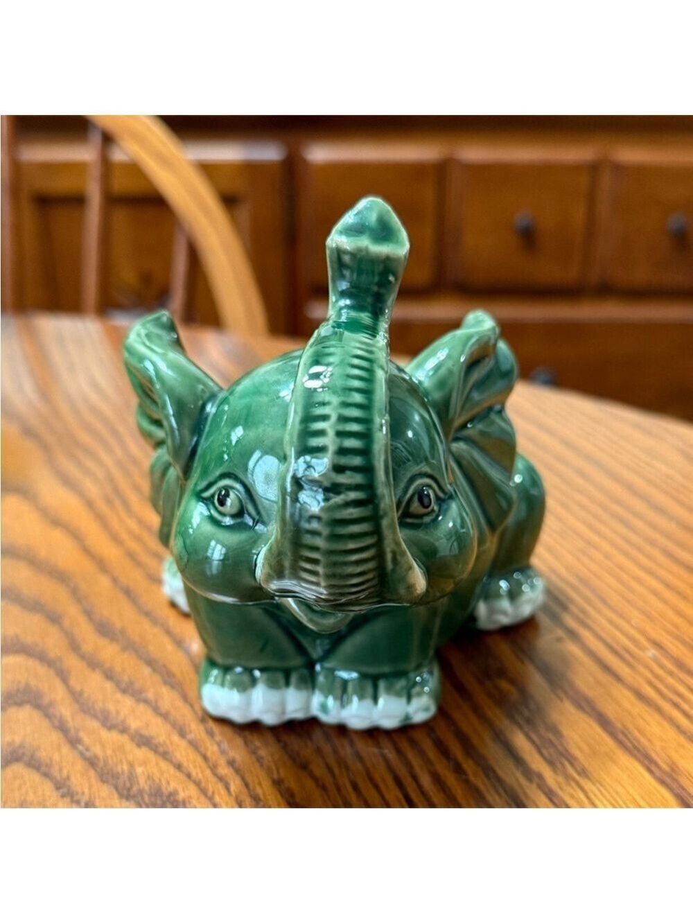 VTG Green Elephant Glazed Ceramic Planter Pot Good Luck Trunk Up - Picture 3 of 7